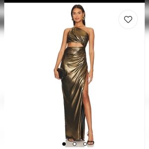 x Revolve one shoulder, cut out gown gold lame. The Sei.